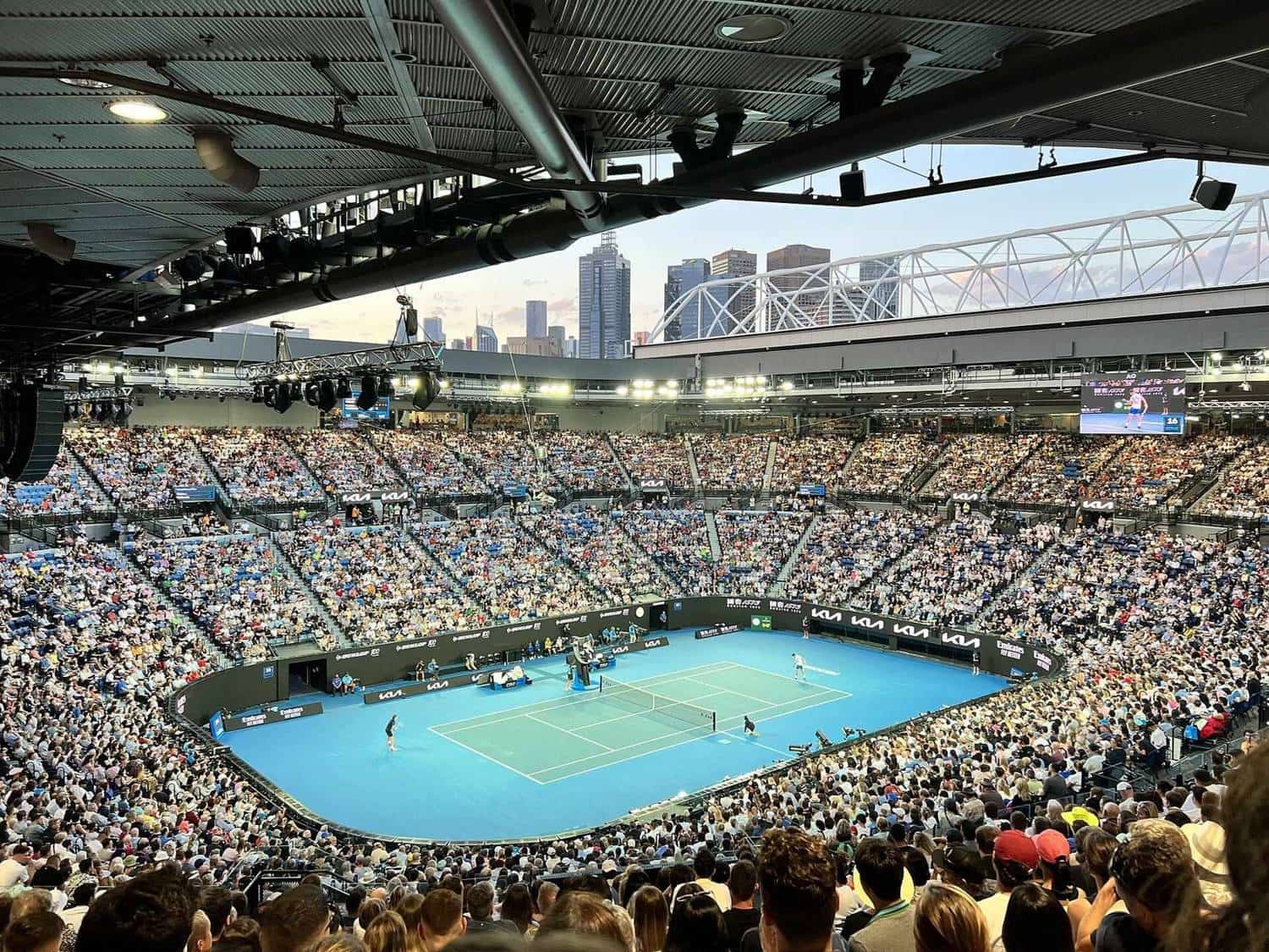 Rod Laver Arena at dusk during the 2023 Australian Open